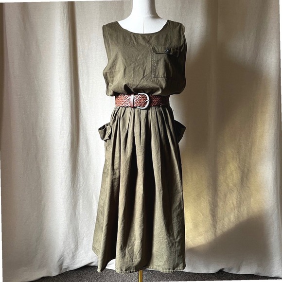 American Vintage Dresses & Skirts - Vintage Express Olive Cotton Utility Midi Dress Oversized Pockets Womens M
